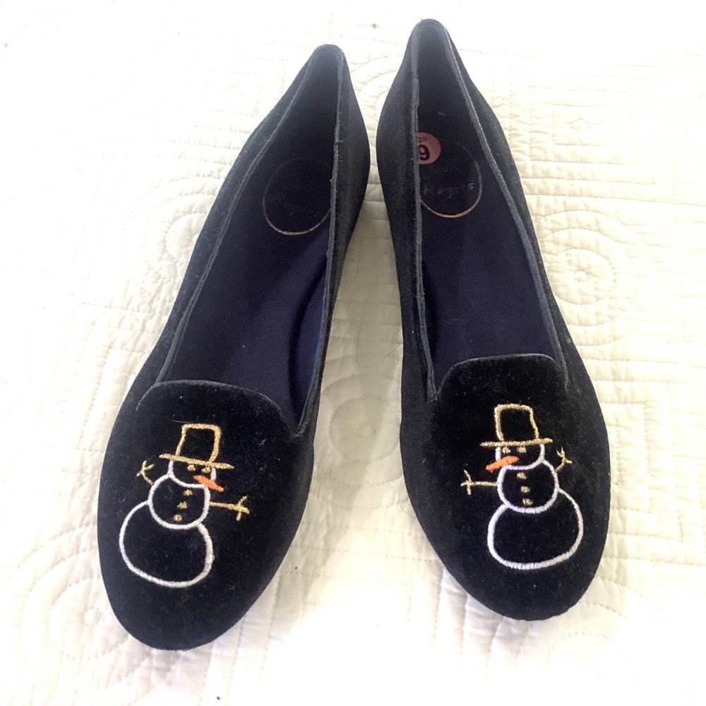 JACK ROGERS Womens Christmas Black Velvet Flats Snowman Embroidered size 9